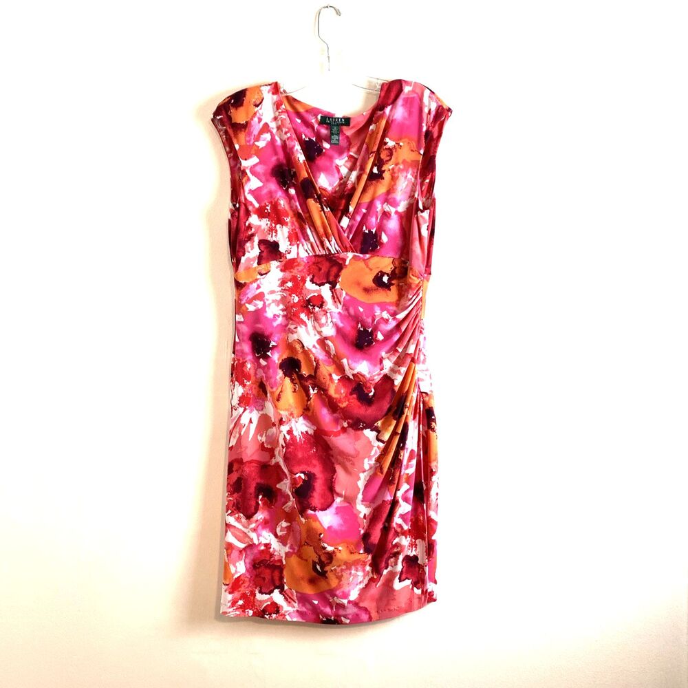 Lauren Ralph Lauren Faux Wrap Ruched Sheath Dress Size L Pink Orange Floral FLAW